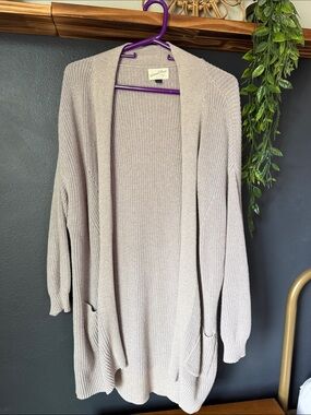 Cozy Long Open-Front Taupe Knit Cardigan Sweater